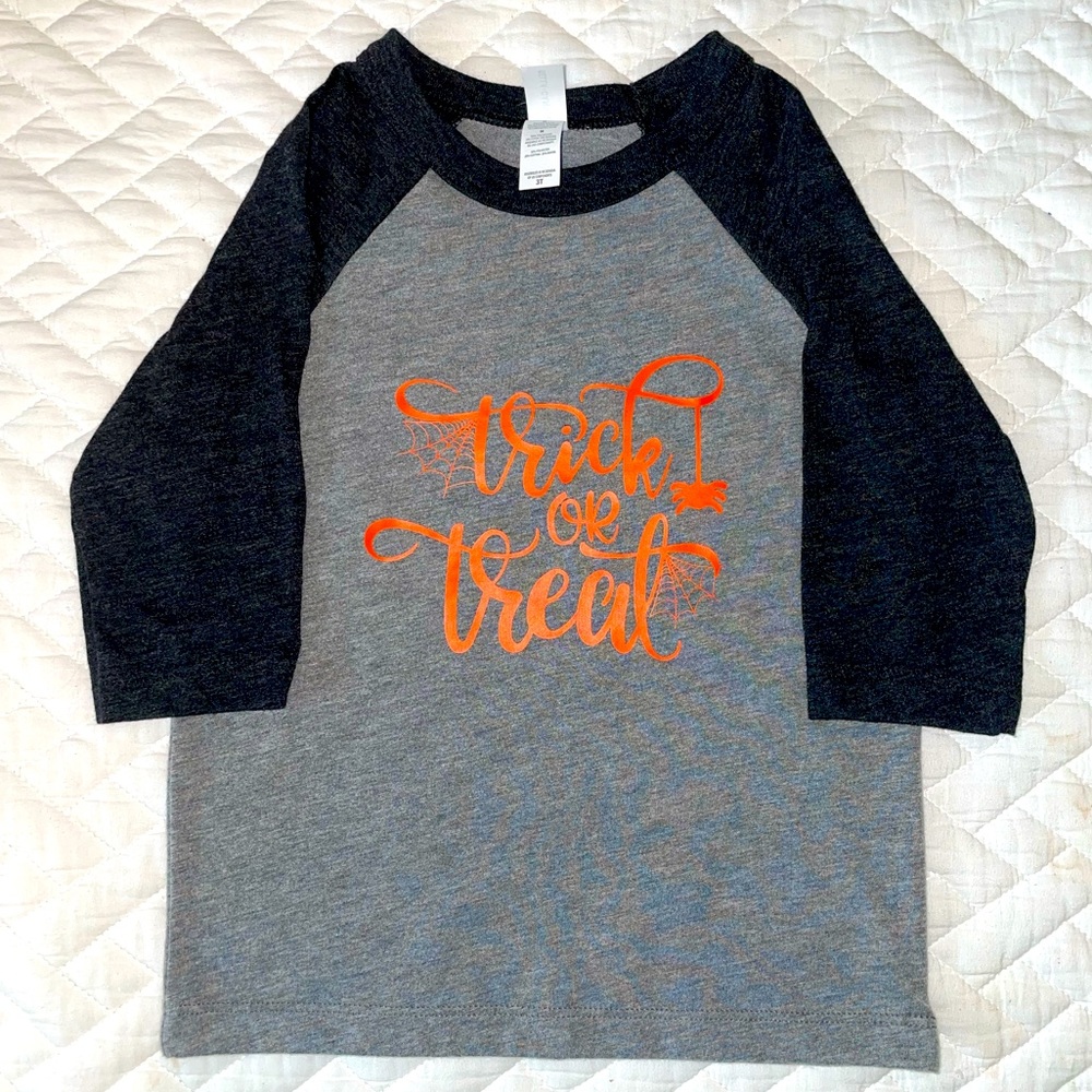 Black & Grey Raglan “Trick or Treat” shirt